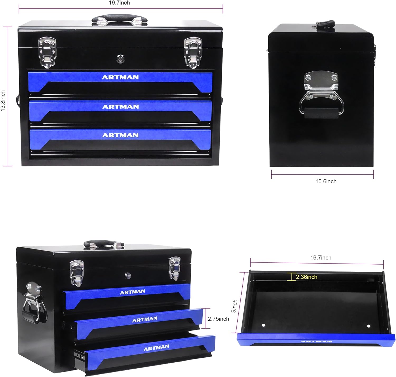 3-Drawer Tool Chest with 439-Piece Mechanics Tool Set | Heavy-Duty Steel Portable Tool Box with Complete Socket & Wrench Kit for Workshop, Garage, and Home Use (Black & Blue)