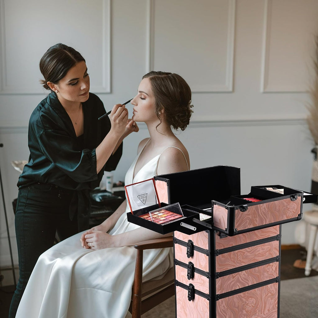 BYOOTIQUE 4in1 Rolling Makeup Case with 4 Pull-Out Trays, Easy Access Cosmetic Organizer with Wheels for Makeup Artist,Lockable Latches for Secure Storage,CoyoteButtes Dusk