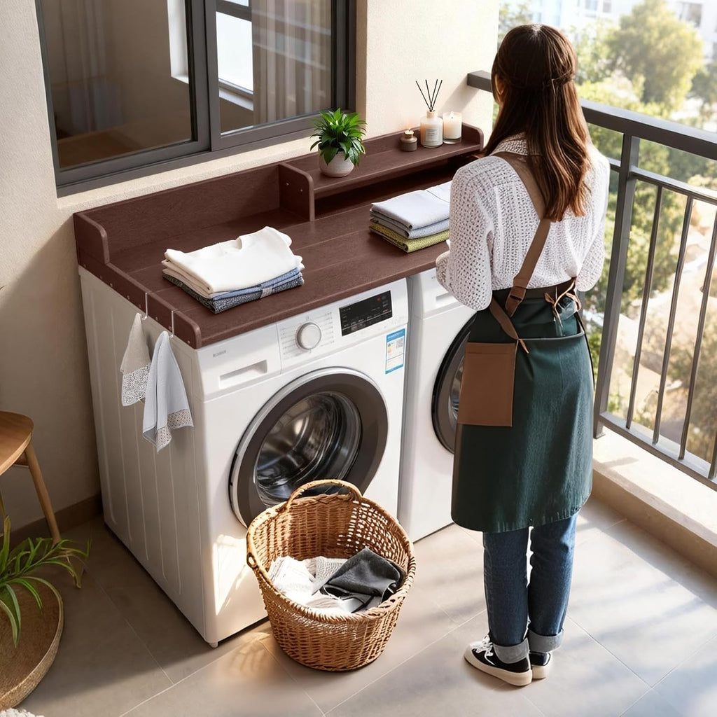 Washer and Dryer Countertop with Shelf, HDPE 2-Tier Laundry Countertop, 54' Wide Laundry Machine Topper with 2 Hooks & Non-Slip Pads for Laundry Room Organization and Folding Clothes (Brown)