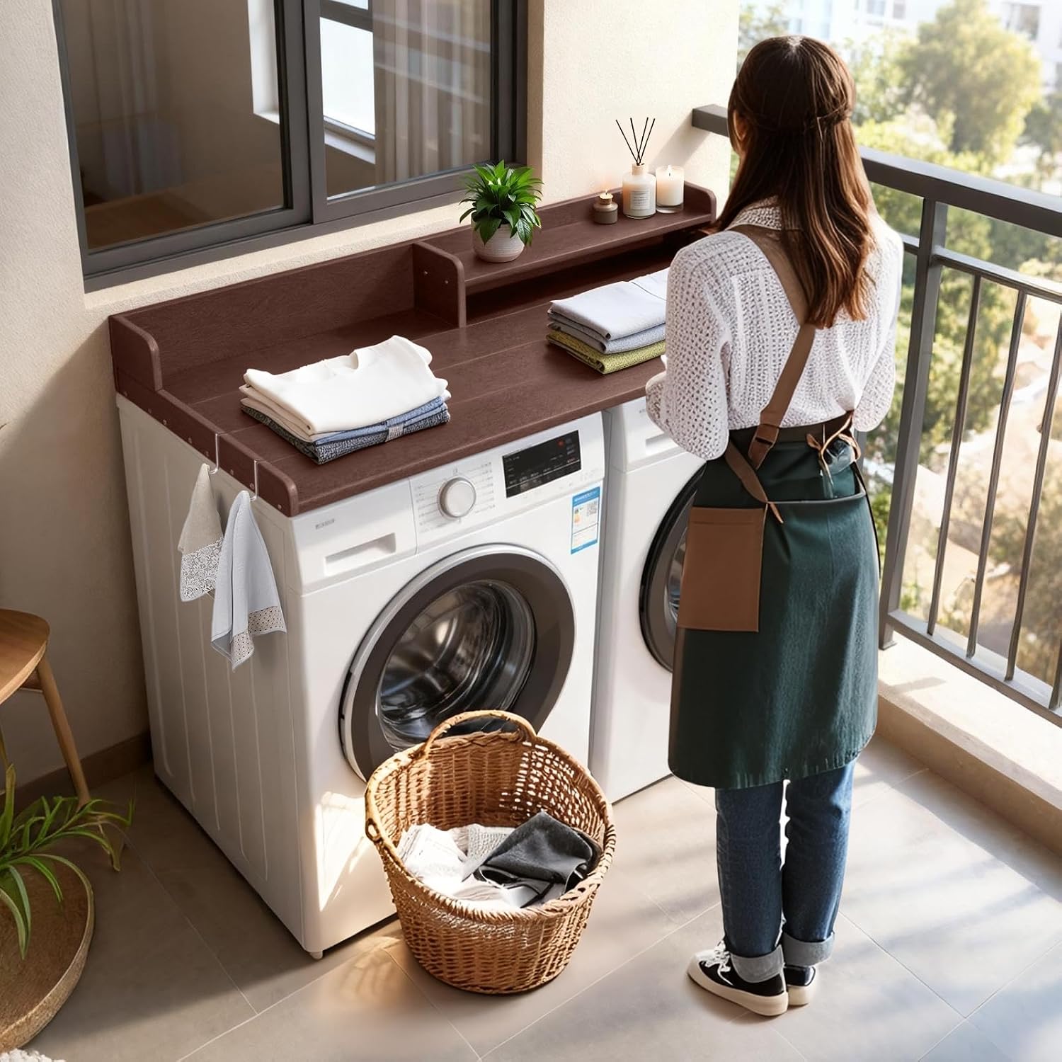 Washer and Dryer Countertop with Shelf, HDPE 2-Tier Laundry Countertop, 54' Wide Laundry Machine Topper with 2 Hooks & Non-Slip Pads for Laundry Room Organization and Folding Clothes (Brown)