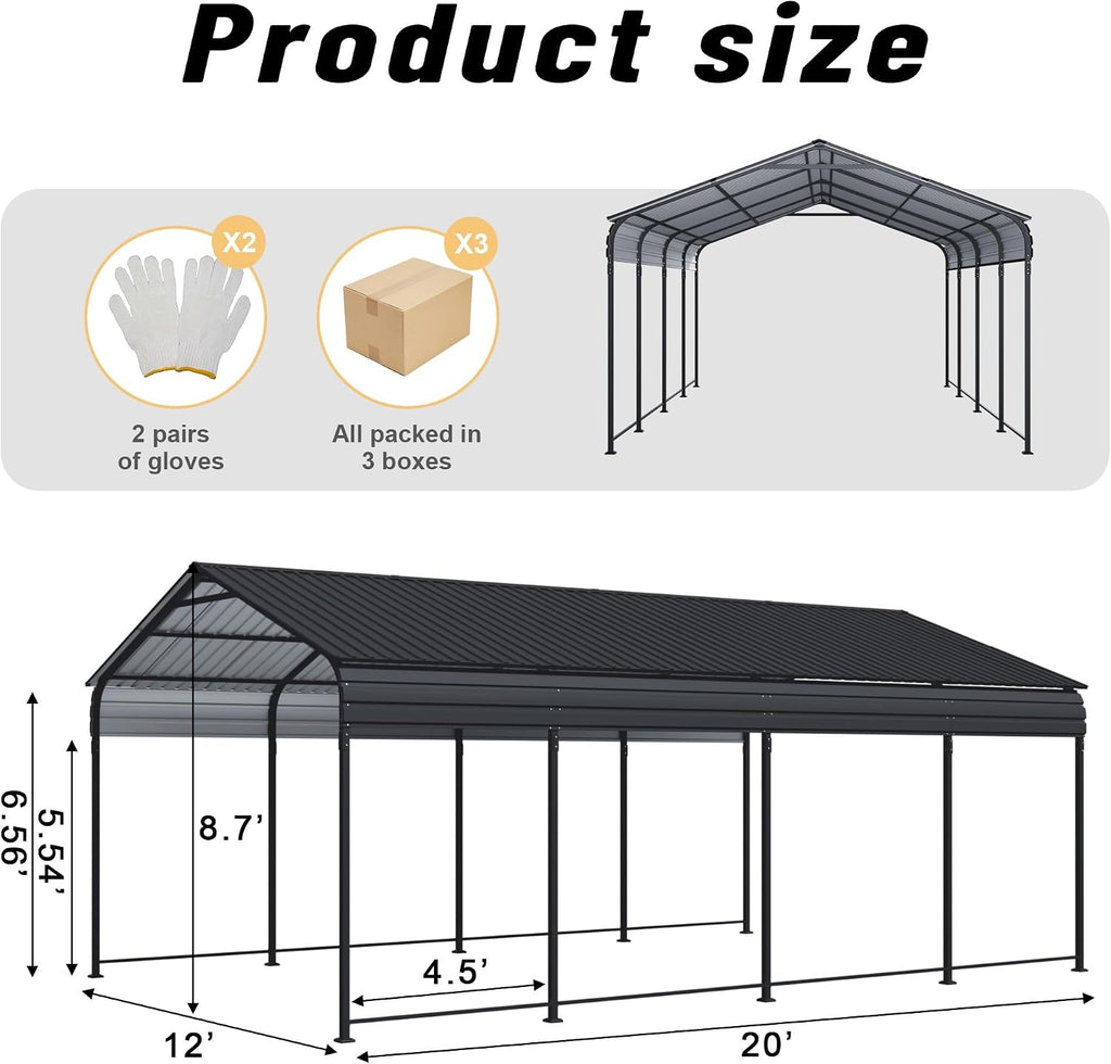 12x20x8.7 FT Heavy Duty Metal Carport, Galvanized Steel Roof Outdoor Car Shelter Garage, Waterproof All Weather Car Canopy for Car Pickup Truck Boat Tractor, Grey