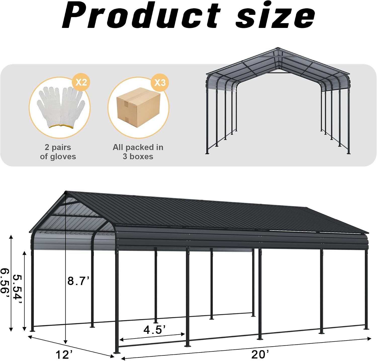 12x20x8.7 FT Heavy Duty Metal Carport, Galvanized Steel Roof Outdoor Car Shelter Garage, Waterproof All Weather Car Canopy for Car Pickup Truck Boat Tractor, Grey