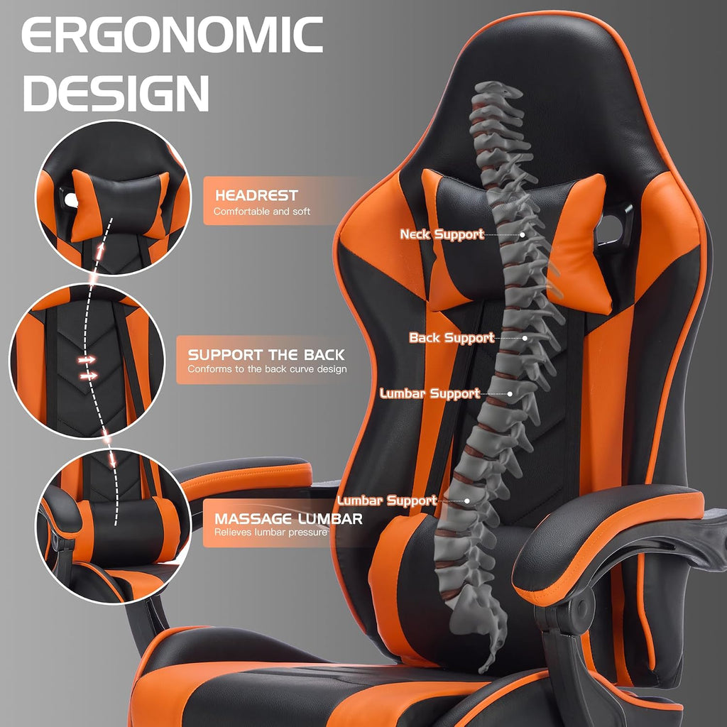 Gaming Chair with Massage and Footrest, Ergonomic High Back PC Racing Chair, 300LBS Capacity with Adjustable Lumbar Support & Headrest for Office and Desk (Model C, Orange+Black)