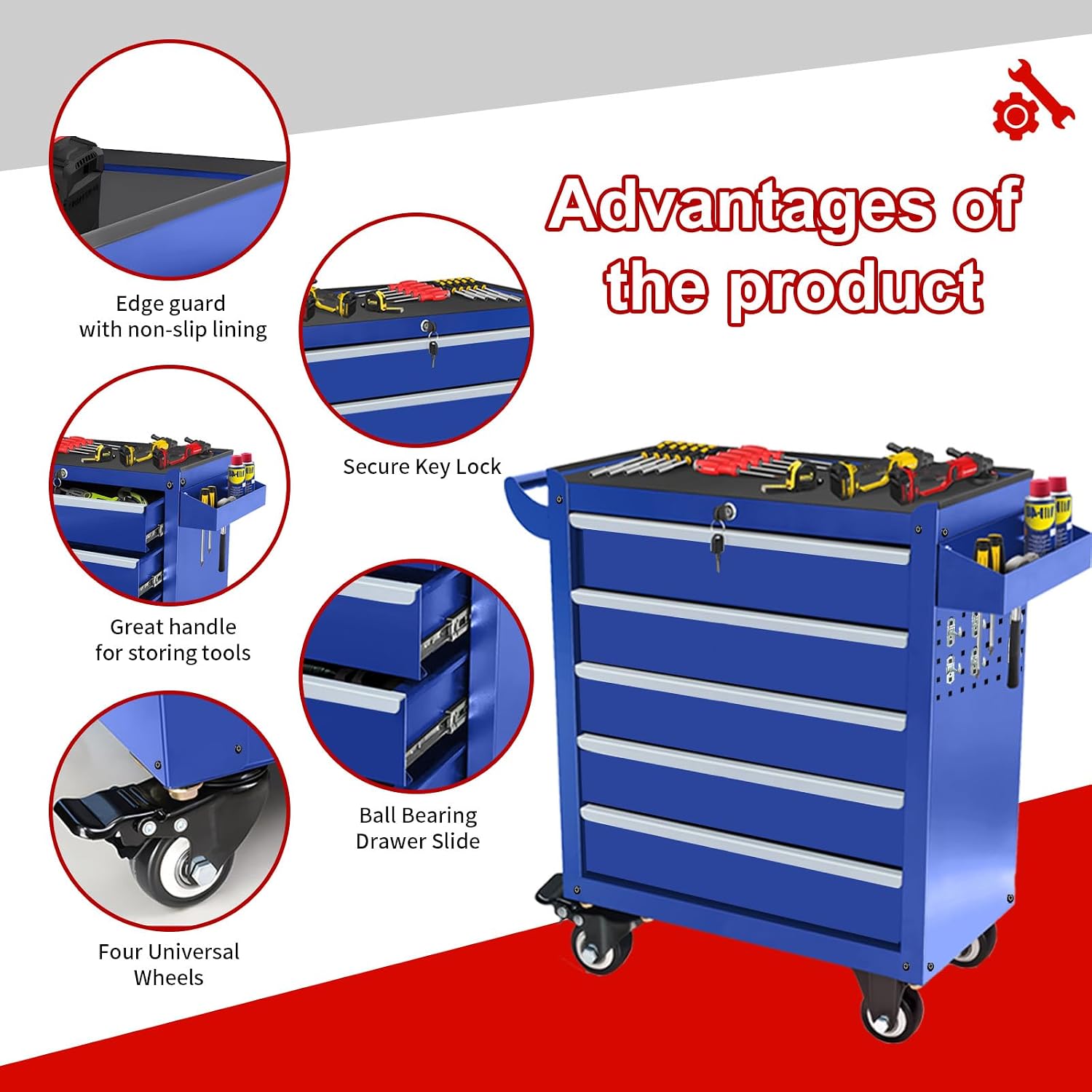 Rolling Tool Chest with Wheels, 5 Drawers Tool Storage Cabinet, Portable Metal Tool Box Organizer with Lock, Tool Cart on Wheels Toolbox Workbench for Garage, Workshop, Warehouse(Required Assembly)