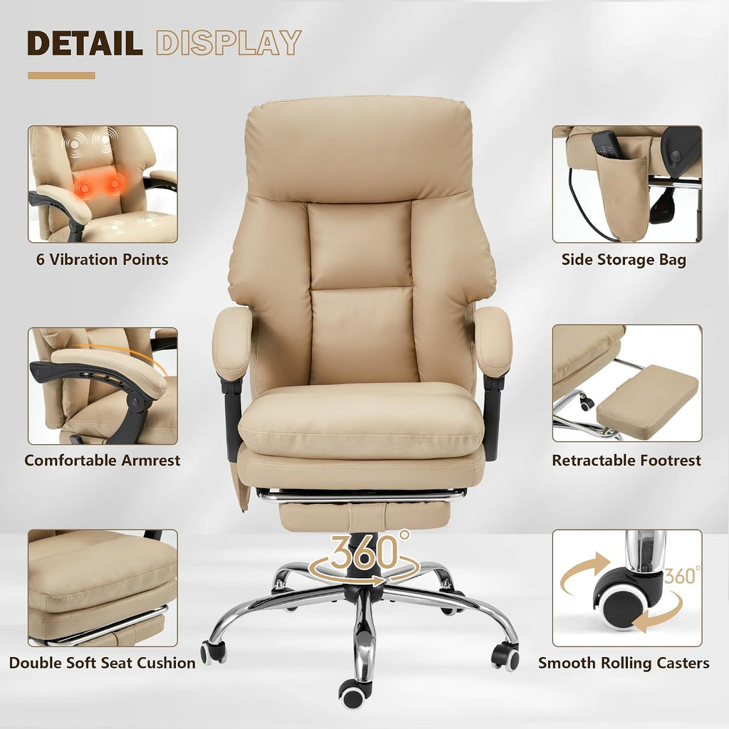 HOMREST Ergonomic Office Chair with 6-Point Massage & Heating, Adjustable Executive Desk Chair with Retractable Footrest, PU Leather Home Office Desk Chair for Home & Office (Khaki)