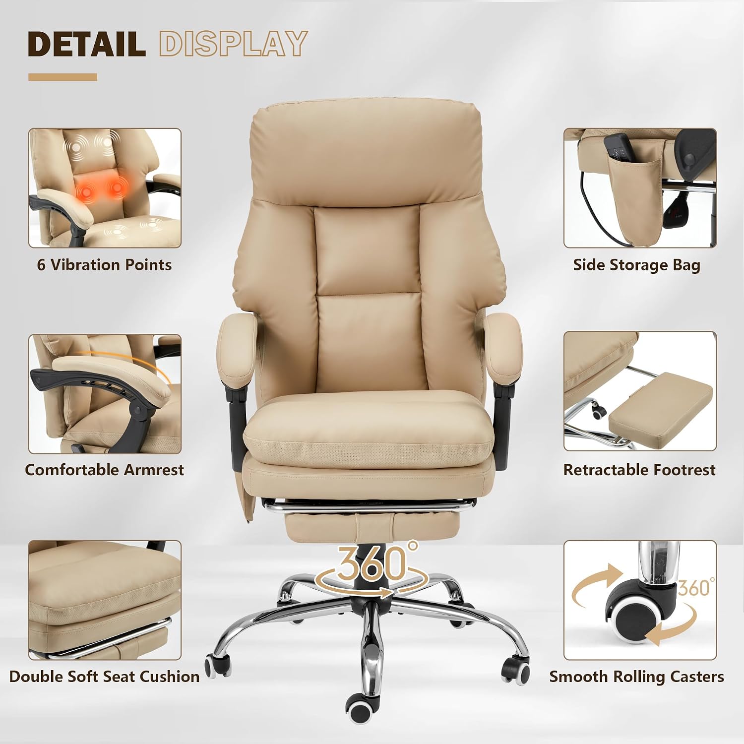 HOMREST Ergonomic Office Chair with 6-Point Massage & Heating, Adjustable Executive Desk Chair with Retractable Footrest, PU Leather Home Office Desk Chair for Home & Office (Khaki)