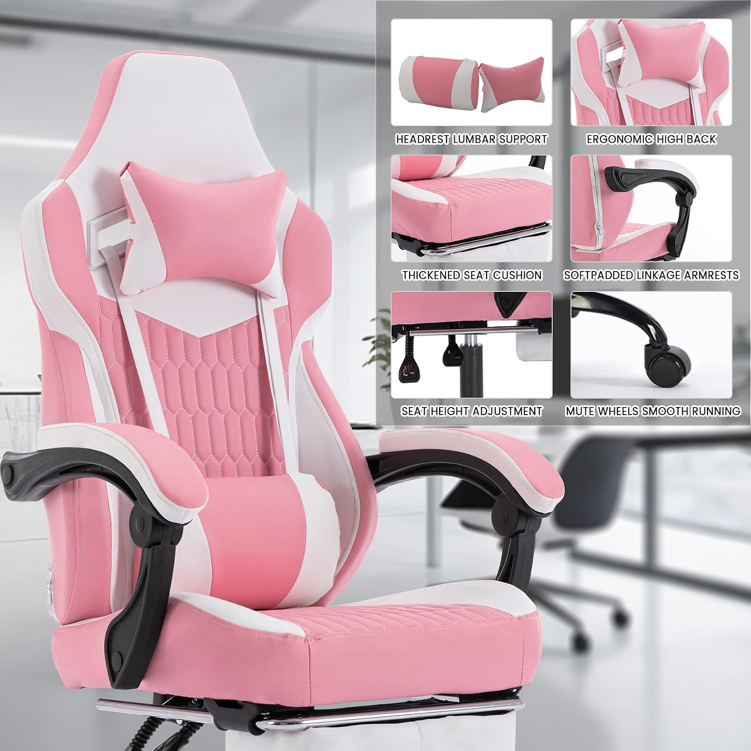 Gaming Chair with Massage and Footrest, Ergonomic High Back PC Racing Chair, 300LBS Capacity with Adjustable Lumbar Support & Headrest for Office and Desk (Model B, Pink)