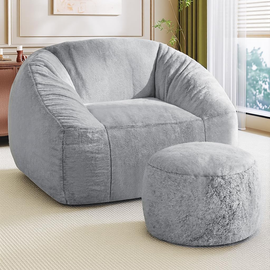 Bean Bag Chairs with Ottoman for Adults, Comfy Beanbag Chair with High-Resilience Foam, Oversized Bean Bag Sofa with Soft Faux Fur Fabric, Bean Bag Chair for Living Room,Bedroom,Light Grey