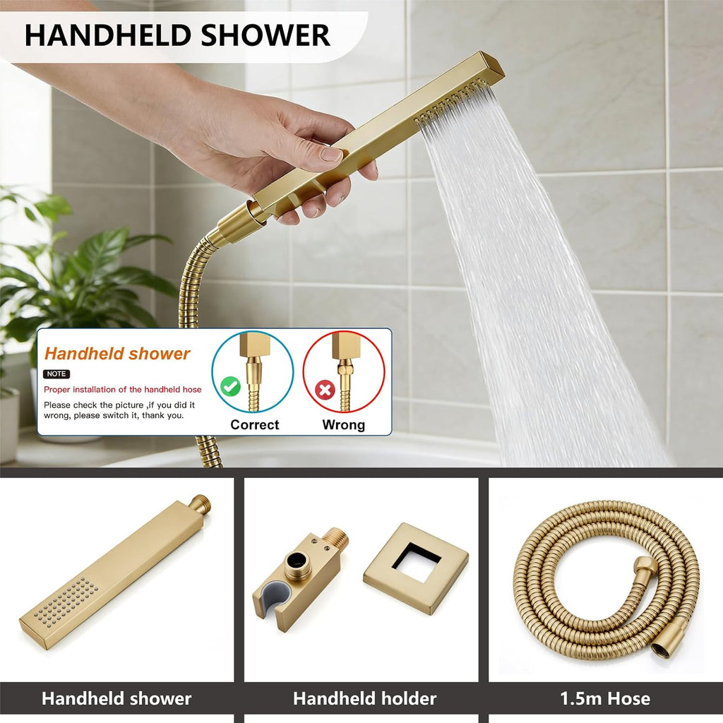 Midanya Shower System with Tub Spout,Bathtub Shower Faucet Set with Square Rainfall Head and Handheld Sprayer Wall Mount Tub Faucet Set with Valve and Trim Kit,12 Inch Brushed Gold