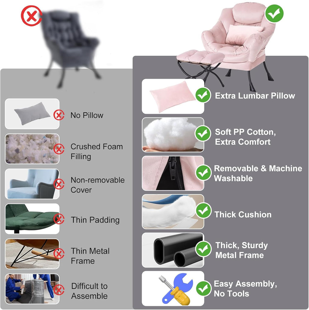 Lazy Chair with Ottoman, Modern Accent Chair with Lumbar Pillow, Velvet Pink Sofa, Armchairs with Folding Footrest, Oversized Supportive Chairs for Bedroom, Reading