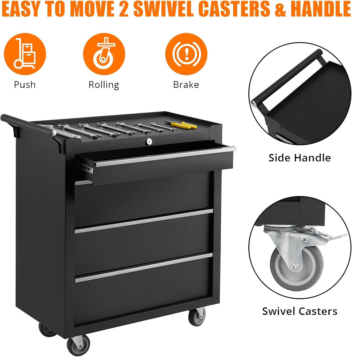4 Compartment Tool Box 4 Compartment Tool Cart with Drawers Mobile Tool Cabinet with Key Lock and Drawer Liner Black 4 Compartment Drawer for Garages, Warehouses, Workshops and Repair Shops