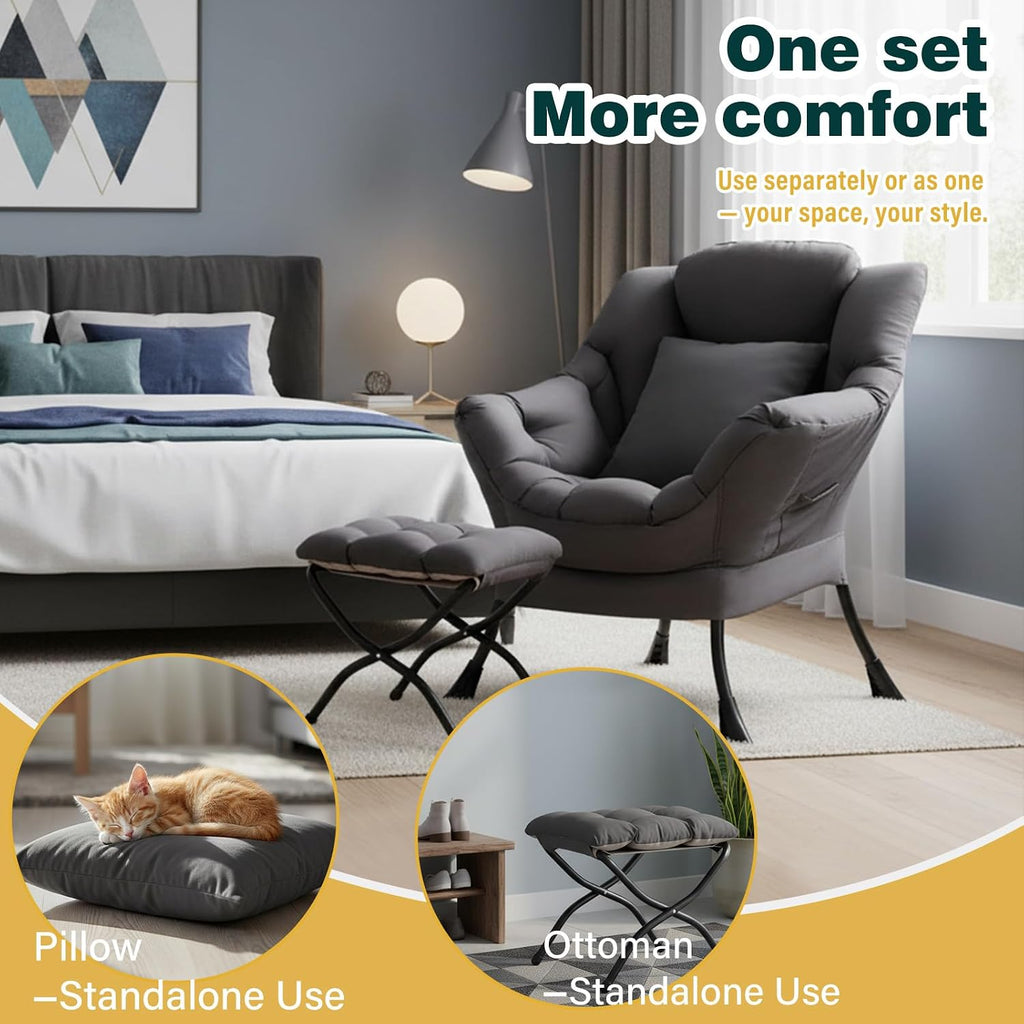 Lazy Chair with Ottoman, Large Accent Chair with Ottoman and a Throw Pillow, Dark Grey Reading Chair for Living Room Bedroom Dorm Room Office Apartment Relaxing Use