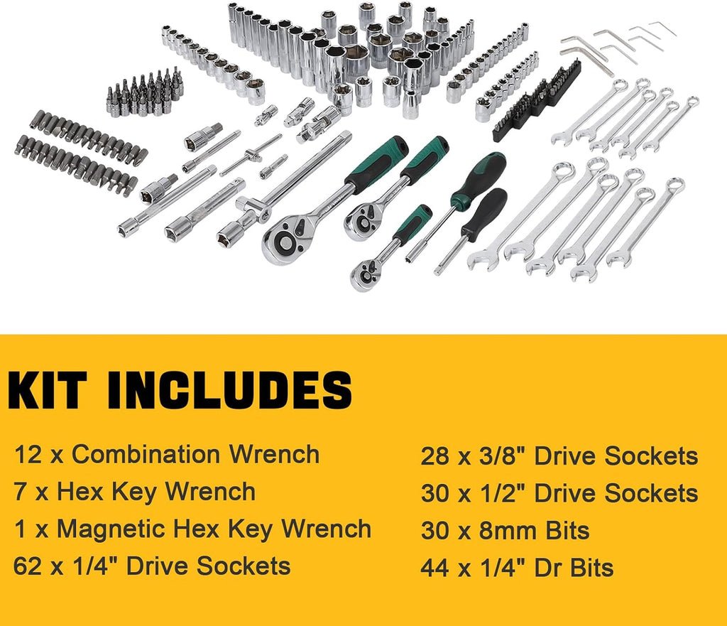 216-Piece Mechanics Tool, Juego De Herramientas, Set Socket Wrench Kit, with 72-Tooth Ratchet, Metric Sockets & Extensions, Automotive Repair Tool Kit for Car Home Garage Maintenance