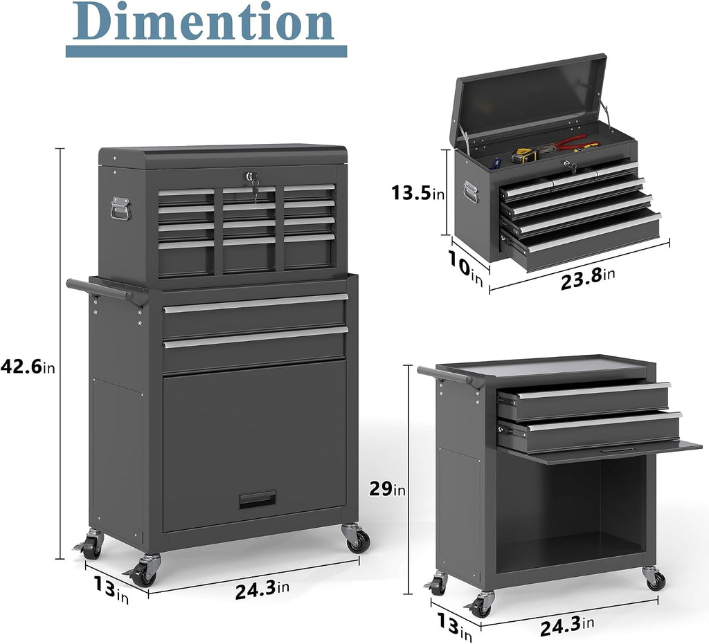 Tool Chest, 8 Drawers Rolling Tool Cabinet, Removable Cabinet Storage Tool Box with Hooks and Liners,Universal Lockable Wheels