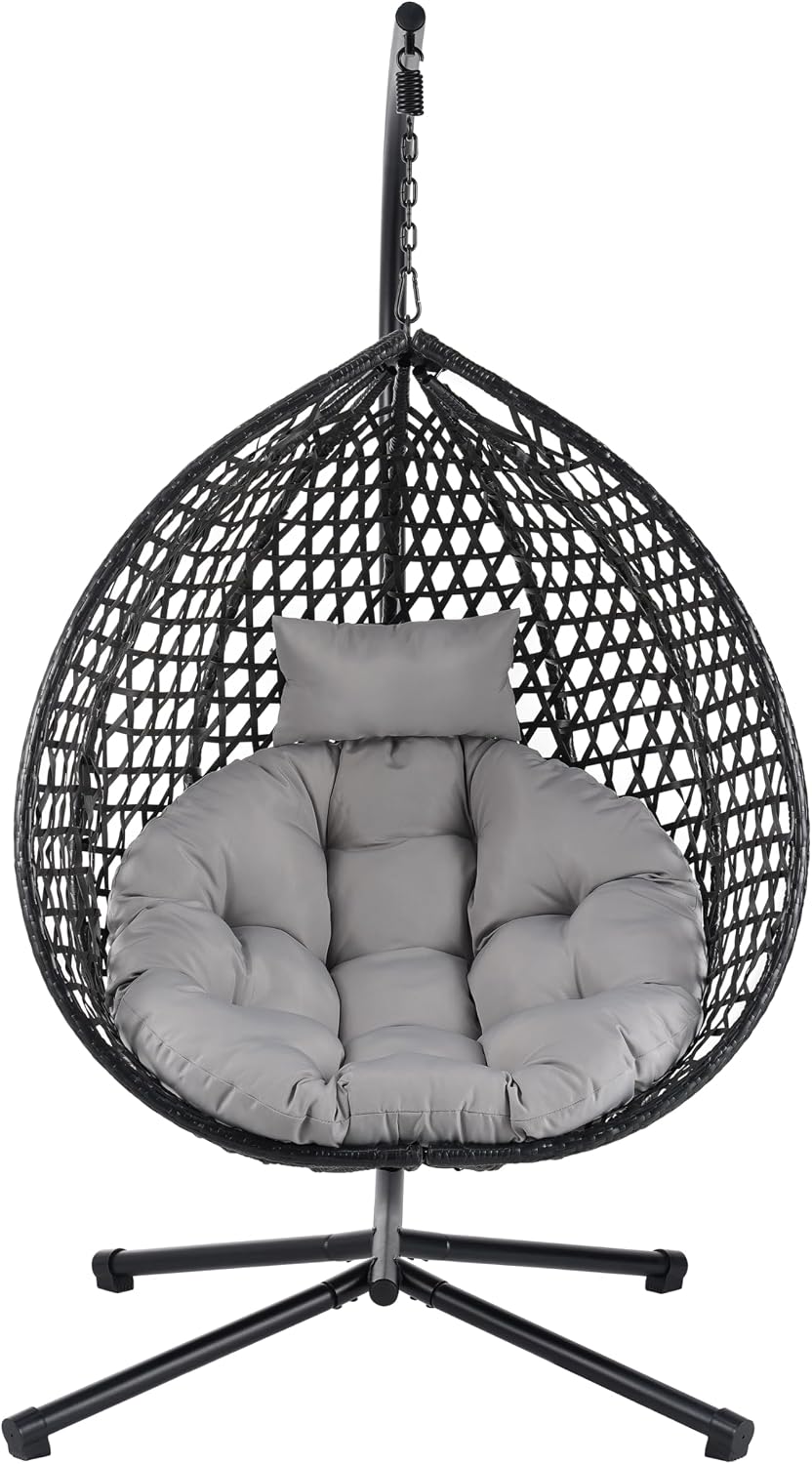 Egg Hanging Chair with Stand, Indoor Outdoor Hammock Egg Chair with Cushion for Patio Bedroom Balconyg Egg Chair (Black+ Gray)
