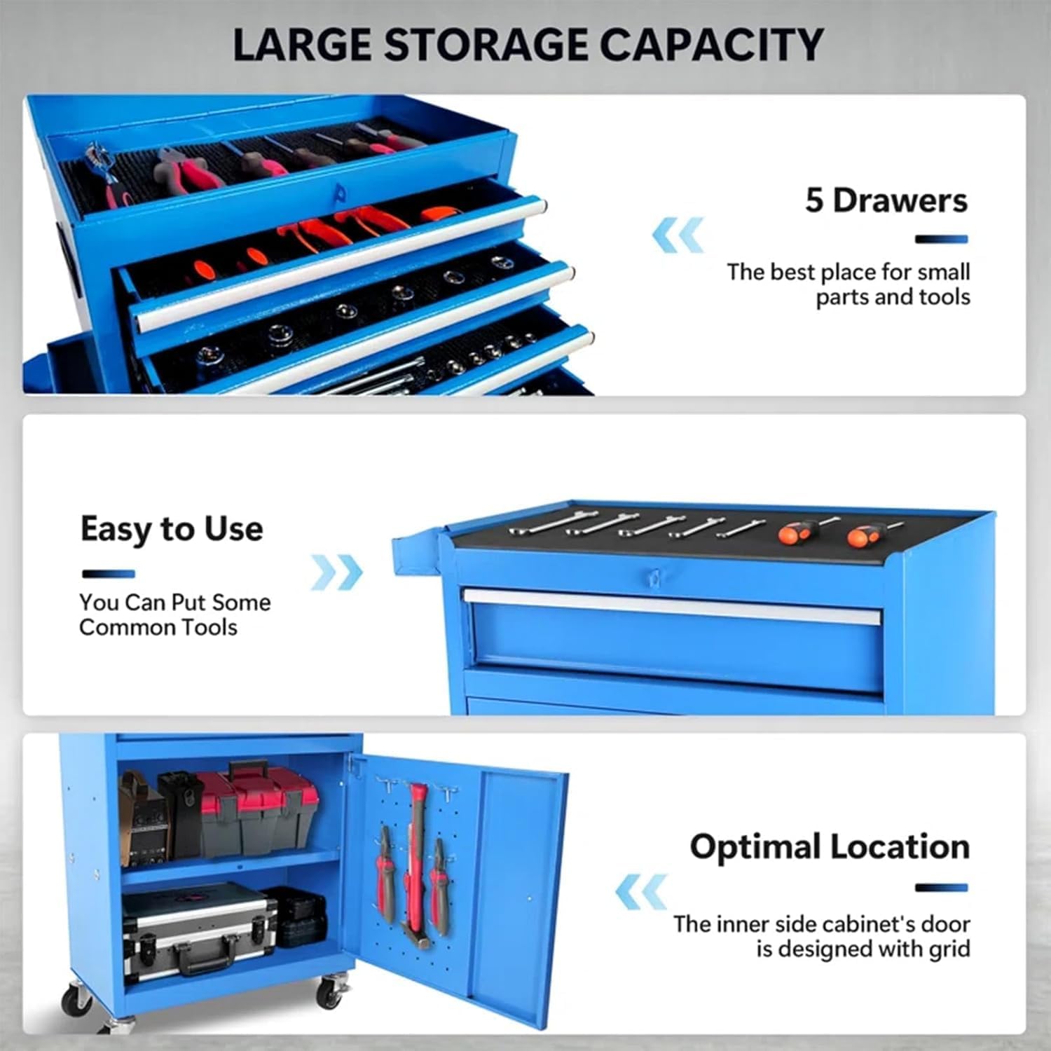 5 Drawers Rolling Tool Chest, 2-in-1 Detachable Metal Tool Storage Cabinet with Wheels, Lockable Tool Cart with Hooks for Garage, Workshop or Salon Use, Blue