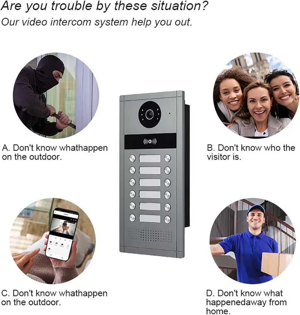 Wired Video Apartment Intercom System,6/12/18/24 Units 7 Inch Monitor 1080P Doorbell Intelligent Doorphone Kit with Motion Detection,Anti-Tamper Alarm,3 in 1 Unlock for Flat House,Tuya (12 Monitor)