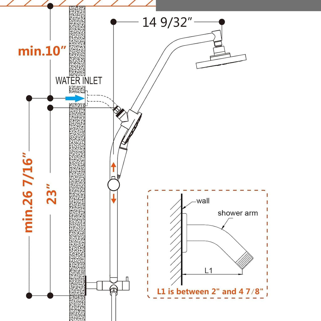 BRIGHT SHOWERS Rain Shower Head with Handheld Combo, Dual Shower System with Slide Bar, Rain Shower System, Adjustable Height, Brass Slide Bar & Diverter, 60 Inch Stainless Steel Hose, Brushed Nickel