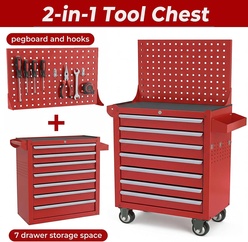 Rolling Tool Chest with Wheels, 7 Drawers Tool Storage Cabinet, Portable Metal Tool Box Organizer with Lock, Tool Cart on Wheels Toolbox Workbench for Garage, Workshop, Warehouse(Required Assembly)