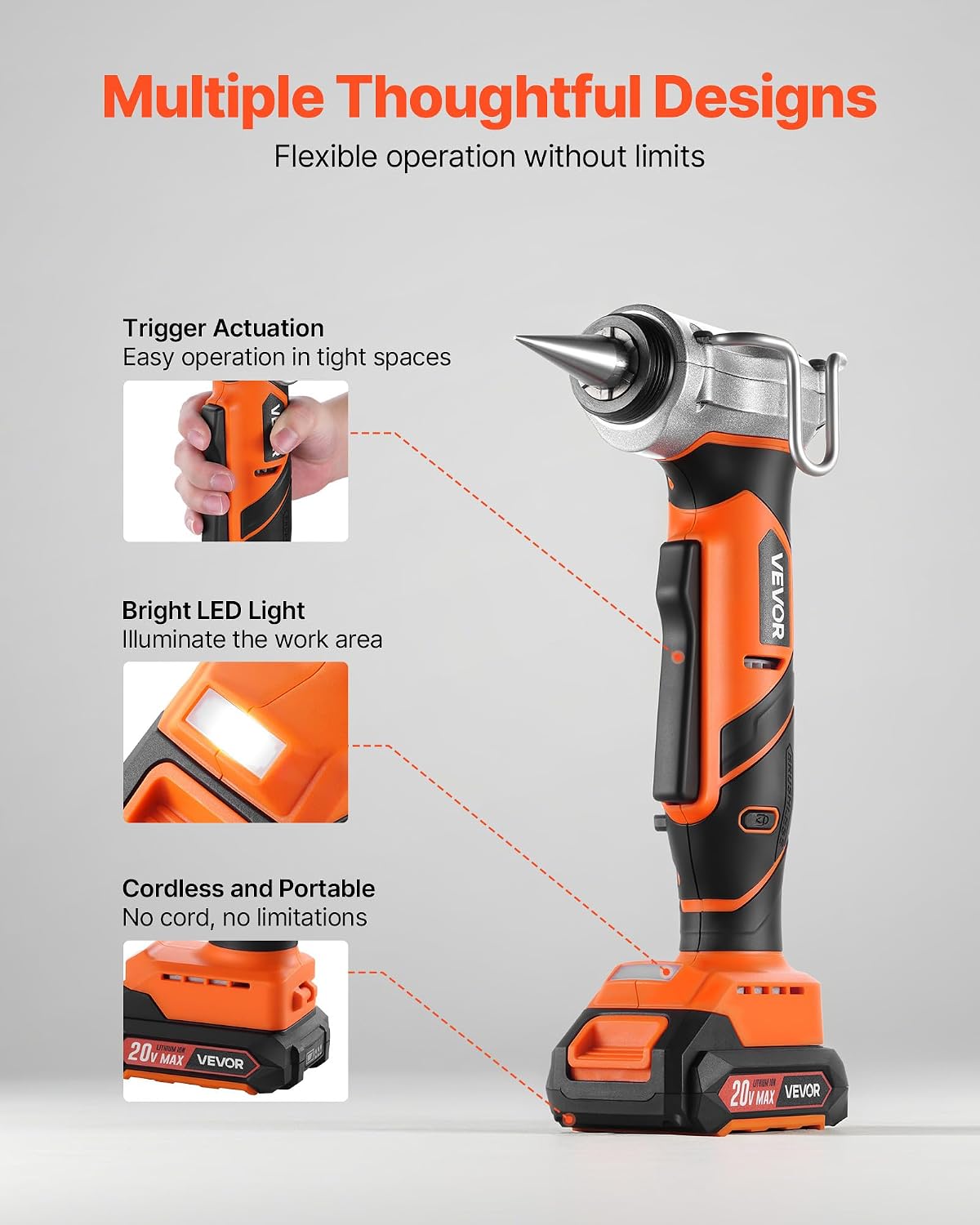 VEVOR Cordless Tube Expander, 20V Max Electric Tubing Expansion Tool for 1/2', 3/4', 1' PEX-A Pipes, 22000RPM Pipe Expander with 3 Expanding Head, 2pcs 2AH Battery, Fast Charger & Carrying Case