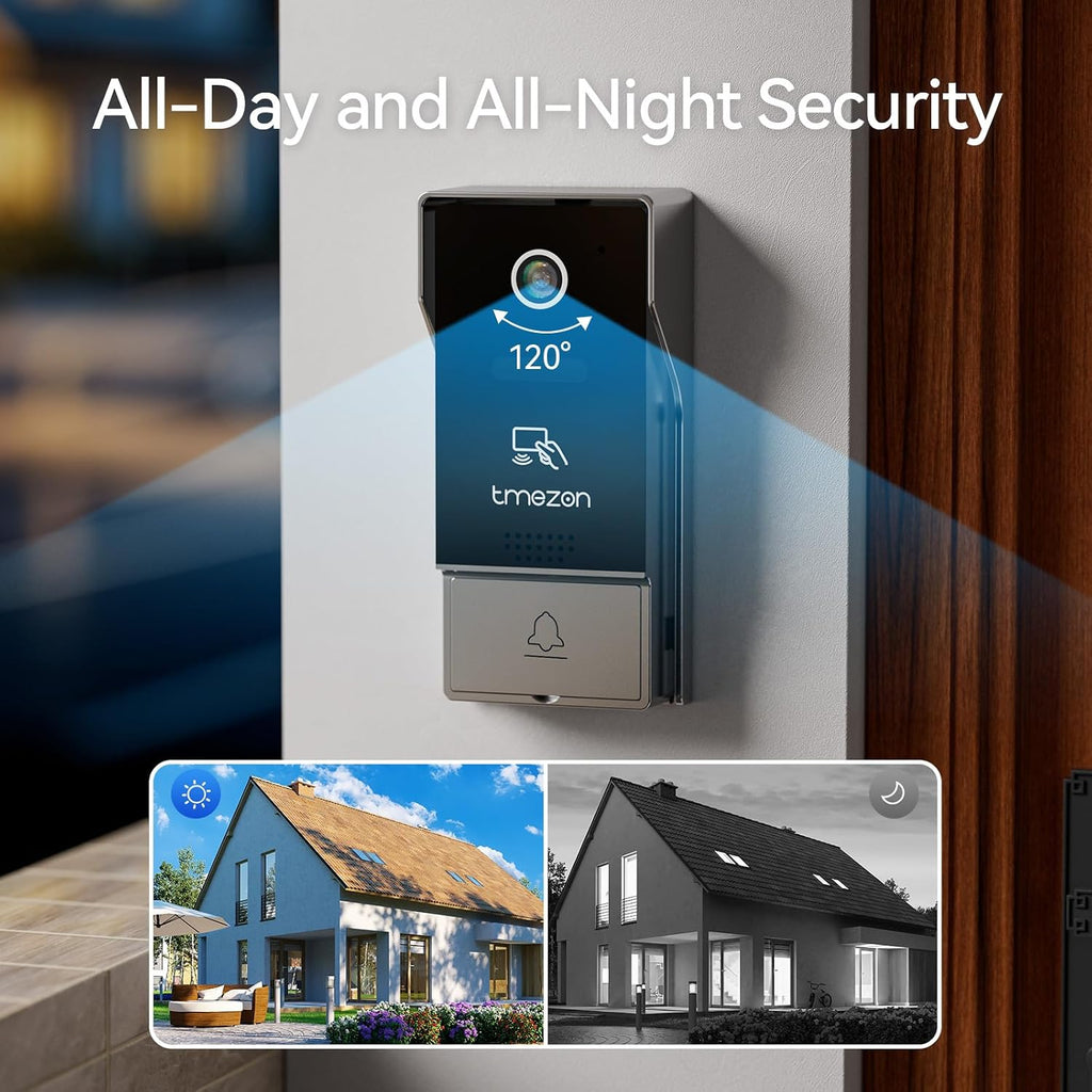TMEZON 4-Wire 7 Inch Tuya 1080P WiFi Smart Video DoorPhone Intercom System with Wired Doorbell Password/Card Swipe Touchscreen