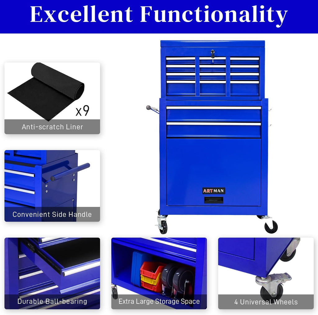 High Capacity Rolling Tool Chest with 8-Drawer Tool Box on Wheels Multifunctional Tool Cart Mechanic Tool Storage Cabinet for Garage, Warehouse, Workshop, Repair Shop (Blue)