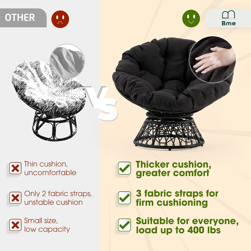 Bme 40' Ergonomic Wicker Papasan Chair with Soft Thick Density Fabric Cushion, High Capacity Steel Frame, 360 Degree Swivel for Living, Bedroom, Reading Room, Lounge, Onyx Stone - Black Base