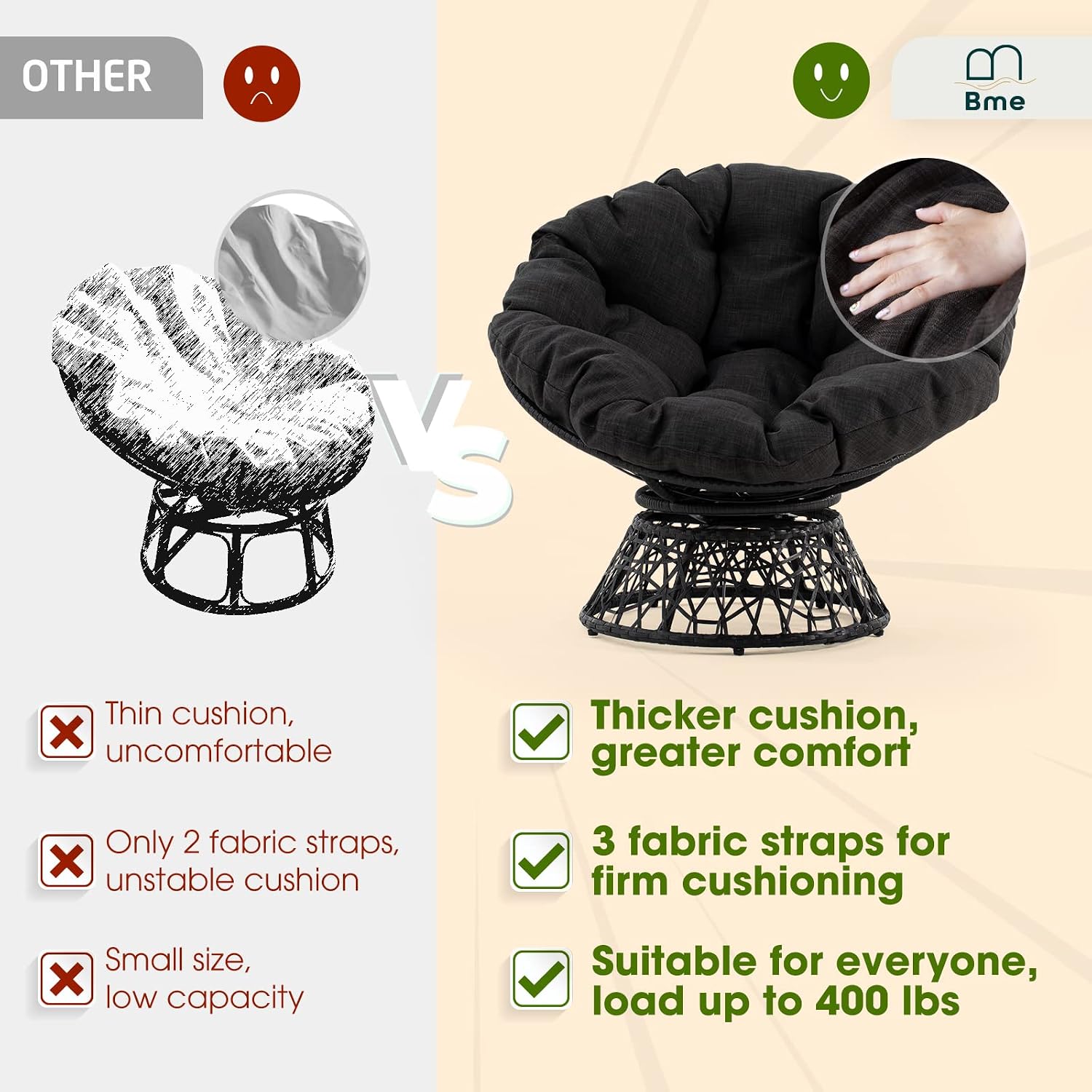 Bme 40' Ergonomic Wicker Papasan Chair with Soft Thick Density Fabric Cushion, High Capacity Steel Frame, 360 Degree Swivel for Living, Bedroom, Reading Room, Lounge, Onyx Stone - Black Base