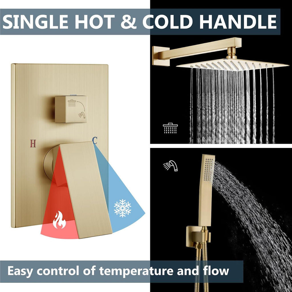 Aolemi Shower Faucet Set Rain Shower System with Handheld Spray Bathroom Shower Combo Rough-in Valve and Shower Trim Kit Included Brushed Gold 10 Inch Wall Mount Shower Head