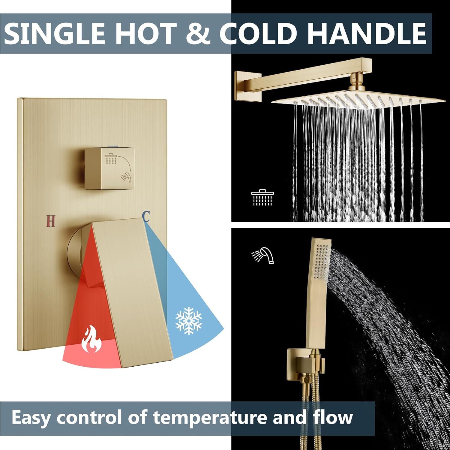 Aolemi Shower Faucet Set Rain Shower System with Handheld Spray Bathroom Shower Combo Rough-in Valve and Shower Trim Kit Included Brushed Gold 10 Inch Wall Mount Shower Head