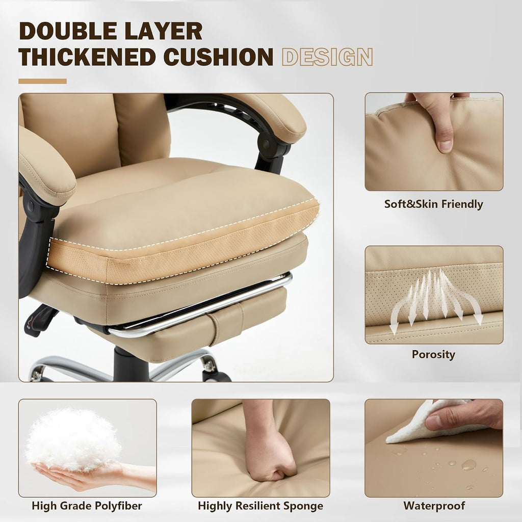 HOMREST Ergonomic Office Chair with 6-Point Massage & Heating, Adjustable Executive Desk Chair with Retractable Footrest, PU Leather Home Office Desk Chair for Home & Office (Khaki)