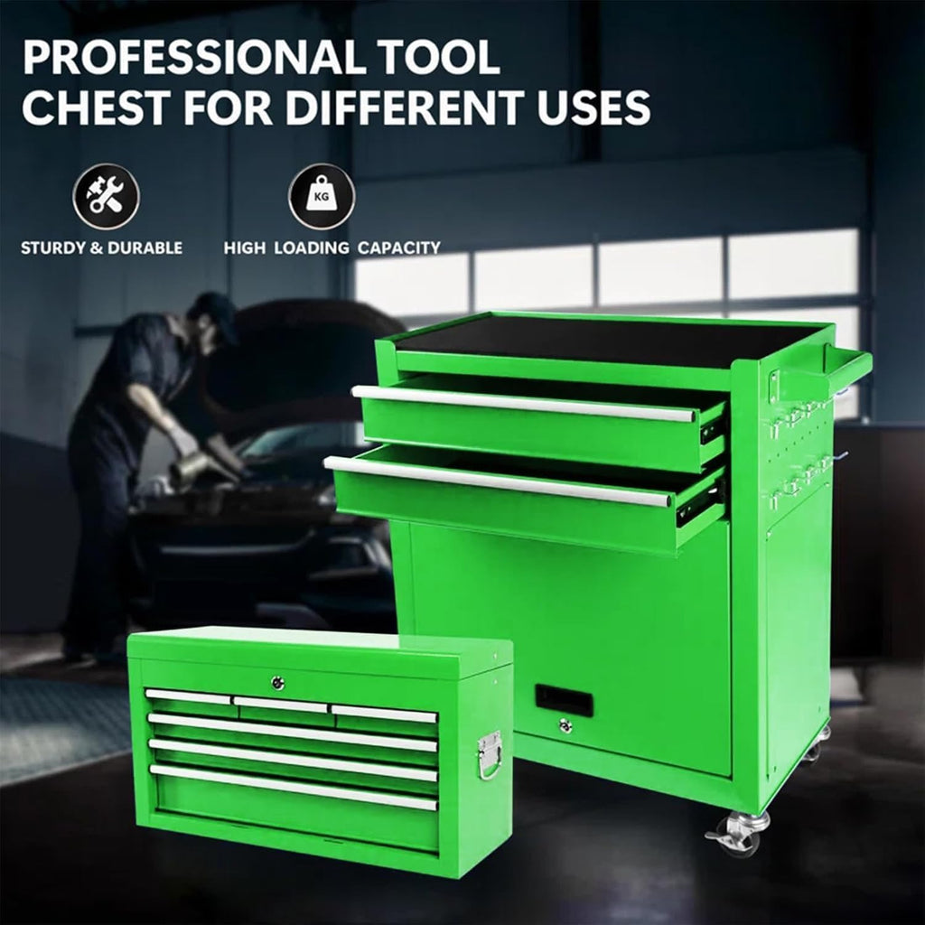 8 Drawers Rolling Tool Chest, 2-in-1 Detachable Metal Tool Storage Cabinet with Wheels, Lockable Tool Cart with Hooks for Garage, Workshop or Salon Use, Green