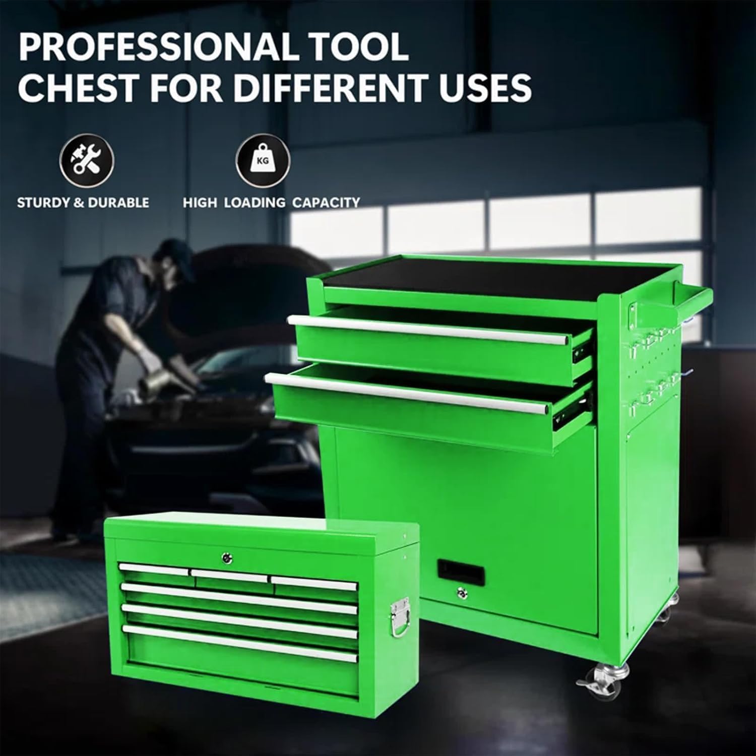 8 Drawers Rolling Tool Chest, 2-in-1 Detachable Metal Tool Storage Cabinet with Wheels, Lockable Tool Cart with Hooks for Garage, Workshop or Salon Use, Green