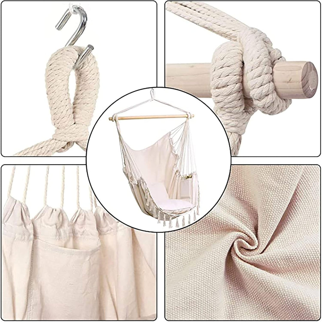 SRHWBF White Hanging Rope Hammock Chair Swing Seat Large Macrame Hanging Chair for Bedroom Patio Porch Yard with 2 Cushions and Storage Bag