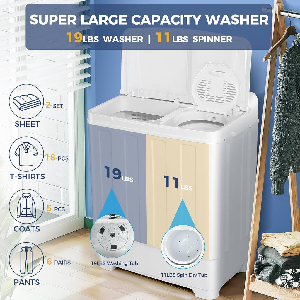 Nictemaw Portable Washing Machine 30Lbs Capacity Twin Tub Compact Laundry Machine 19Lbs Washer and 11Lbs Spin Dryer with Built-in Drain Pump, Small Washing Machine for Apartments, Dorms, RVs