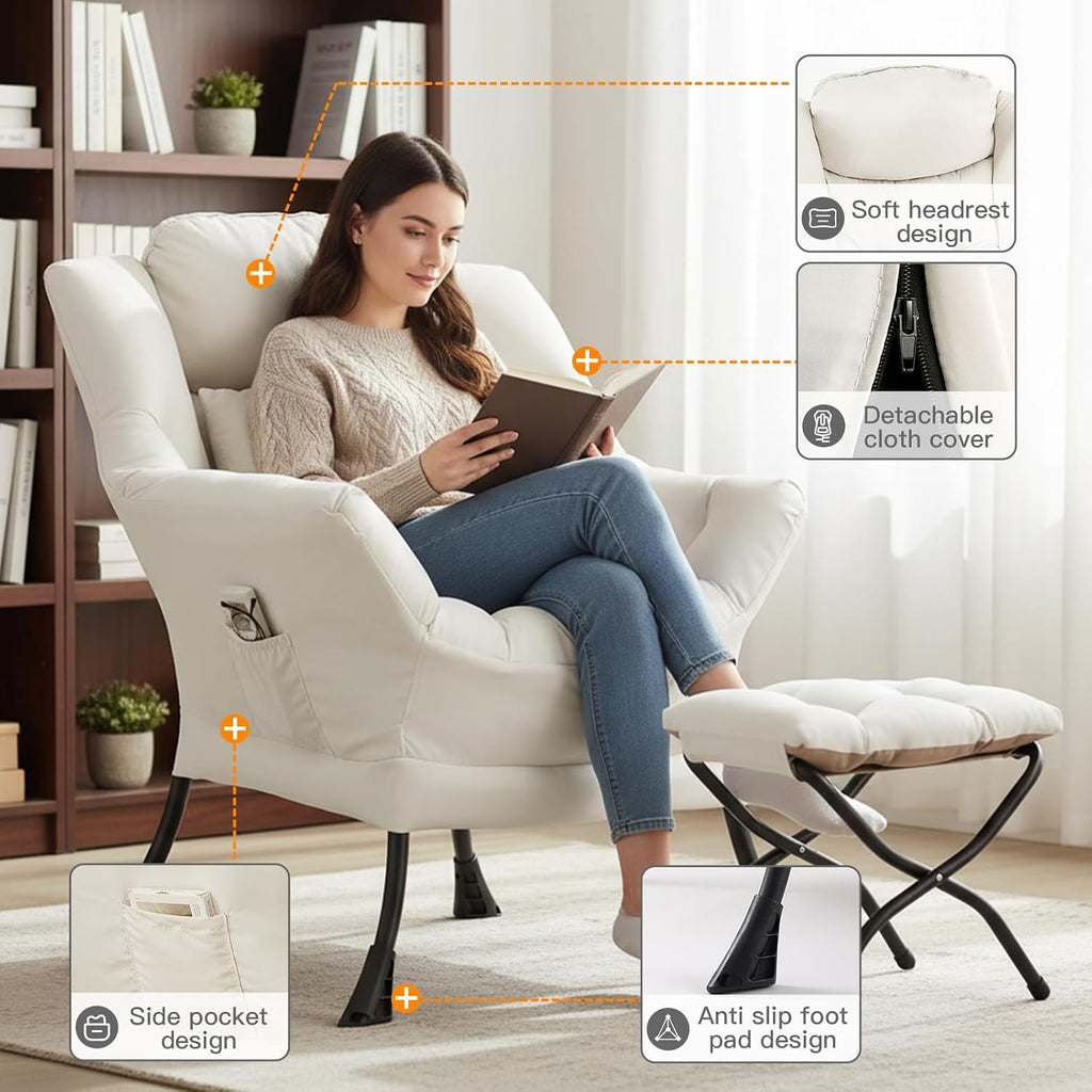 Lazy Chair with Ottoman, Large Accent Chair with Ottoman and a Throw Pillow, Beige Reading Chair for Living Room Bedroom Dorm Room Office Apartment Relaxing Use
