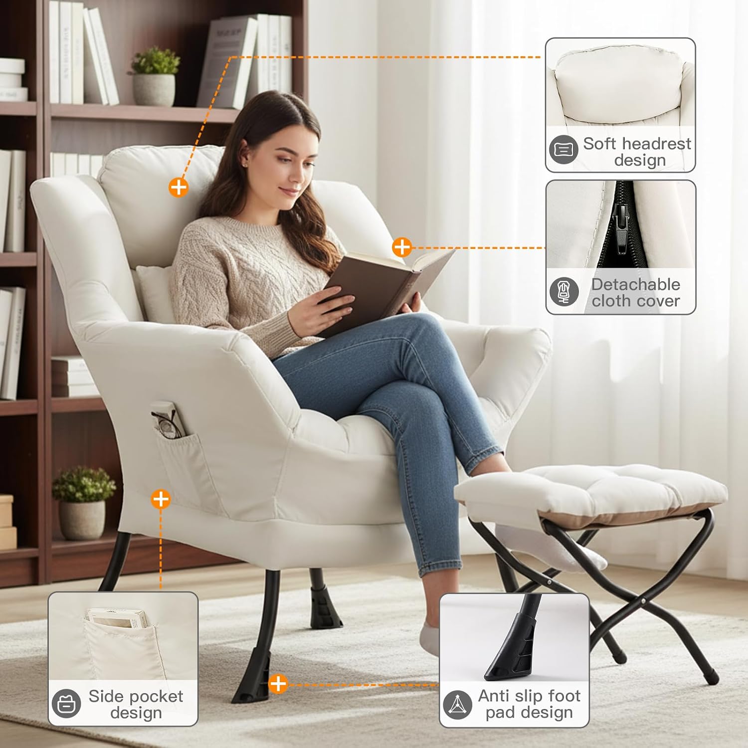 Lazy Chair with Ottoman, Large Accent Chair with Ottoman and a Throw Pillow, Beige Reading Chair for Living Room Bedroom Dorm Room Office Apartment Relaxing Use