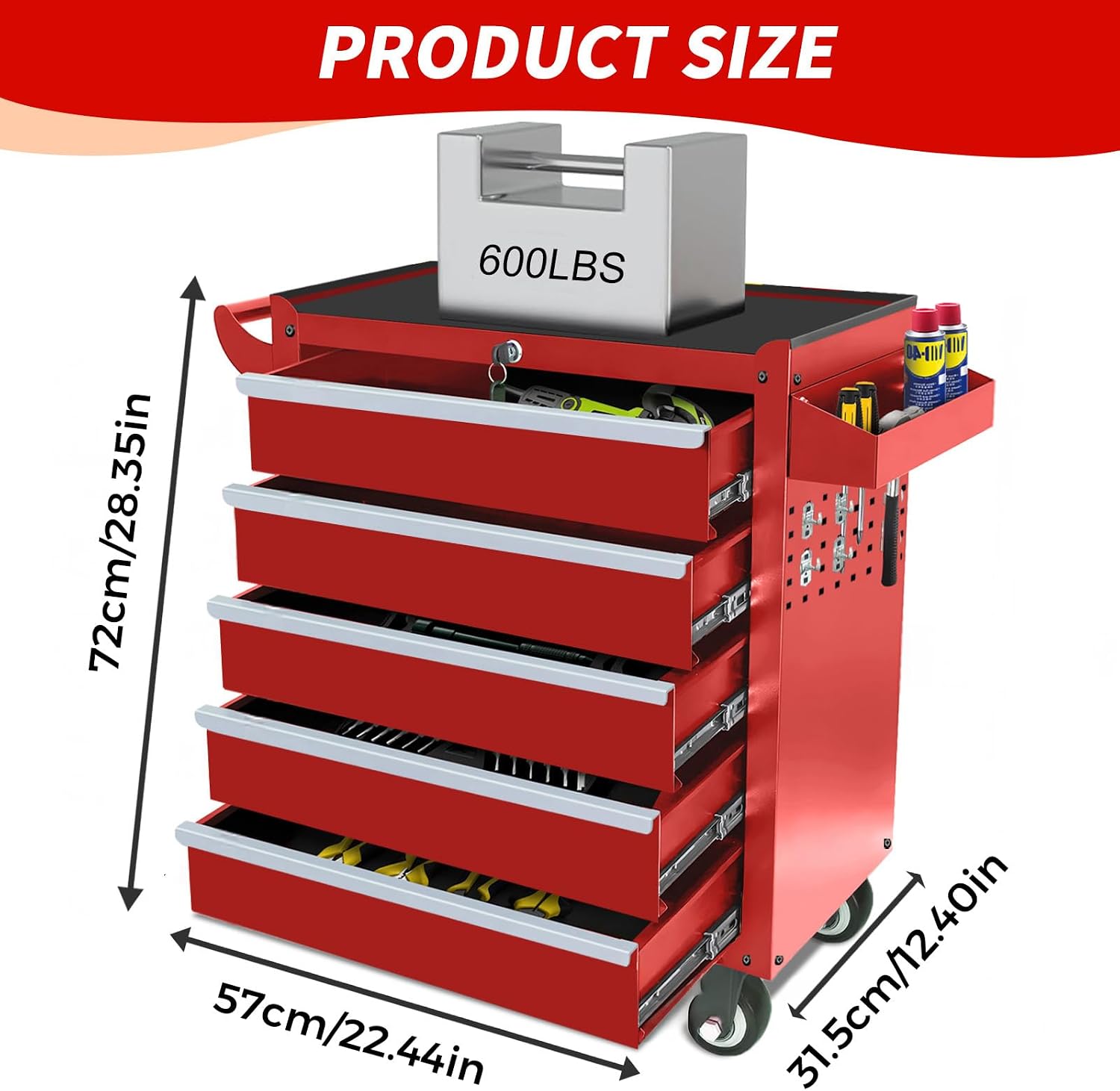 Rolling Tool Chest with Wheels, 5 Drawers Tool Storage Cabinet, Portable Metal Tool Box Organizer with Lock, Tool Cart on Wheels Toolbox Workbench for Garage, Workshop, Warehouse(Required Assembly)
