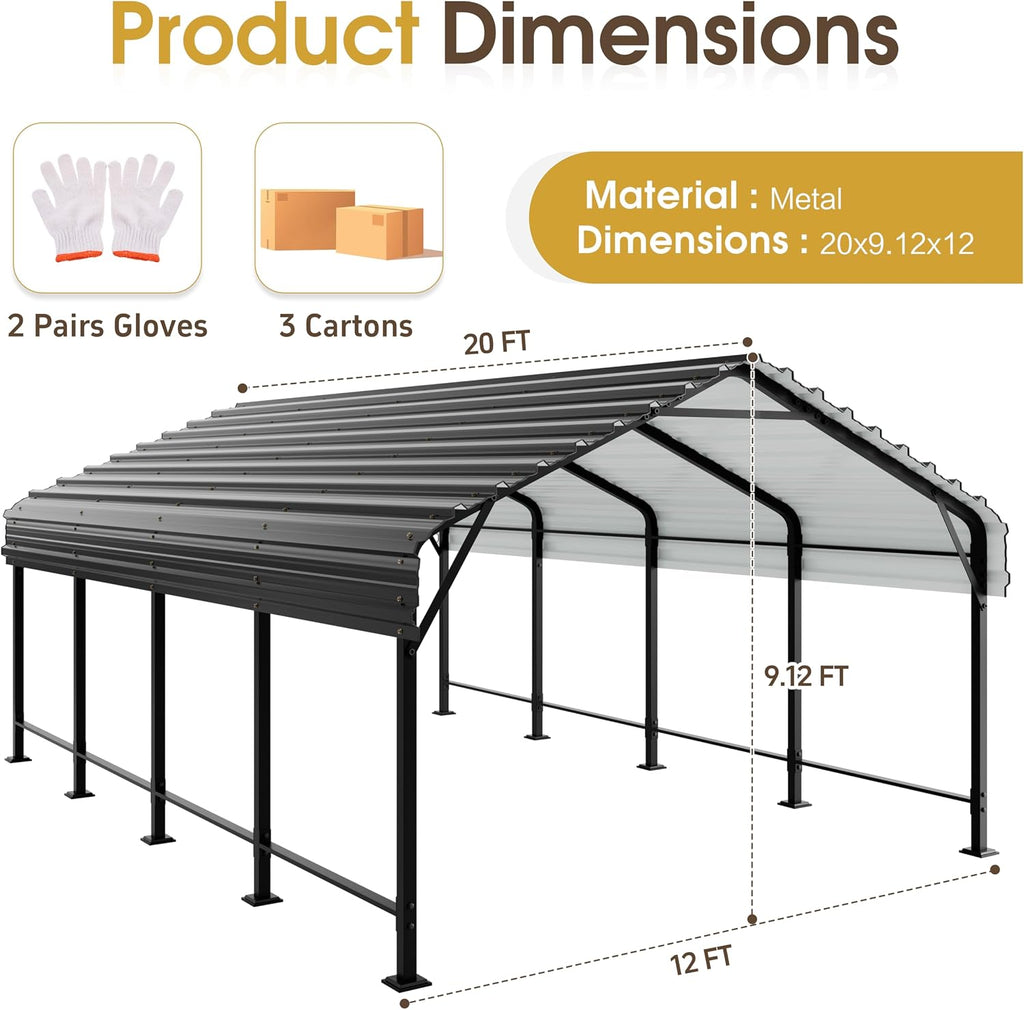 JAMFLY Carport, Heavy Duty Carport Canopy with Galvanized Steel Roof and Frame, Metal Car Garage Upgraded Extra Large Garage for Pickup, Boat, Car and Tractors, 12x20FT Grey