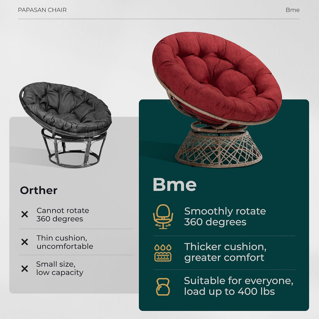Bme 40' Ergonomic Wicker Papasan Chair with Soft Thick Density Fabric Cushion, High Capacity Steel Frame, 360 Degree Swivel for Living, Bedroom, Reading Room, Lounge, Cherry Sangria-Brown Base