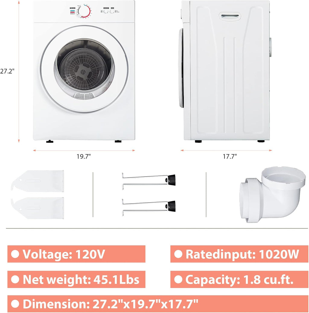 Euhomy Compact Dryer 1.8 cu. ft. Portable Clothes Dryers with Exhaust Duct with Stainless Steel Liner Four Function Small Dryer Machine, Suitable for Apartments, Dorm, RVs, White
