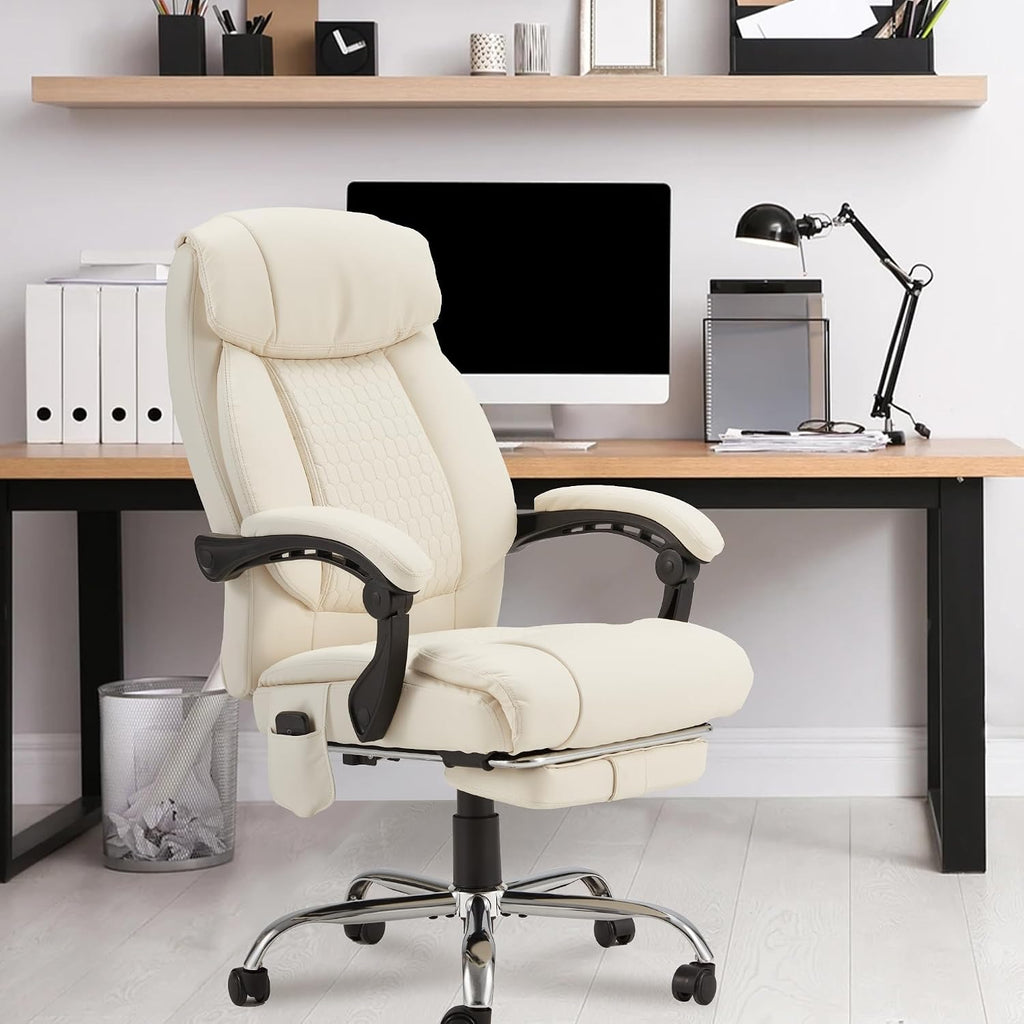 HOMREST 4-Point Massage Office Chair with Heating and Footrest, Reclining Executive Leather Desk Chair, Ergonomic Heated Managerial Chair for Home Office, Beige