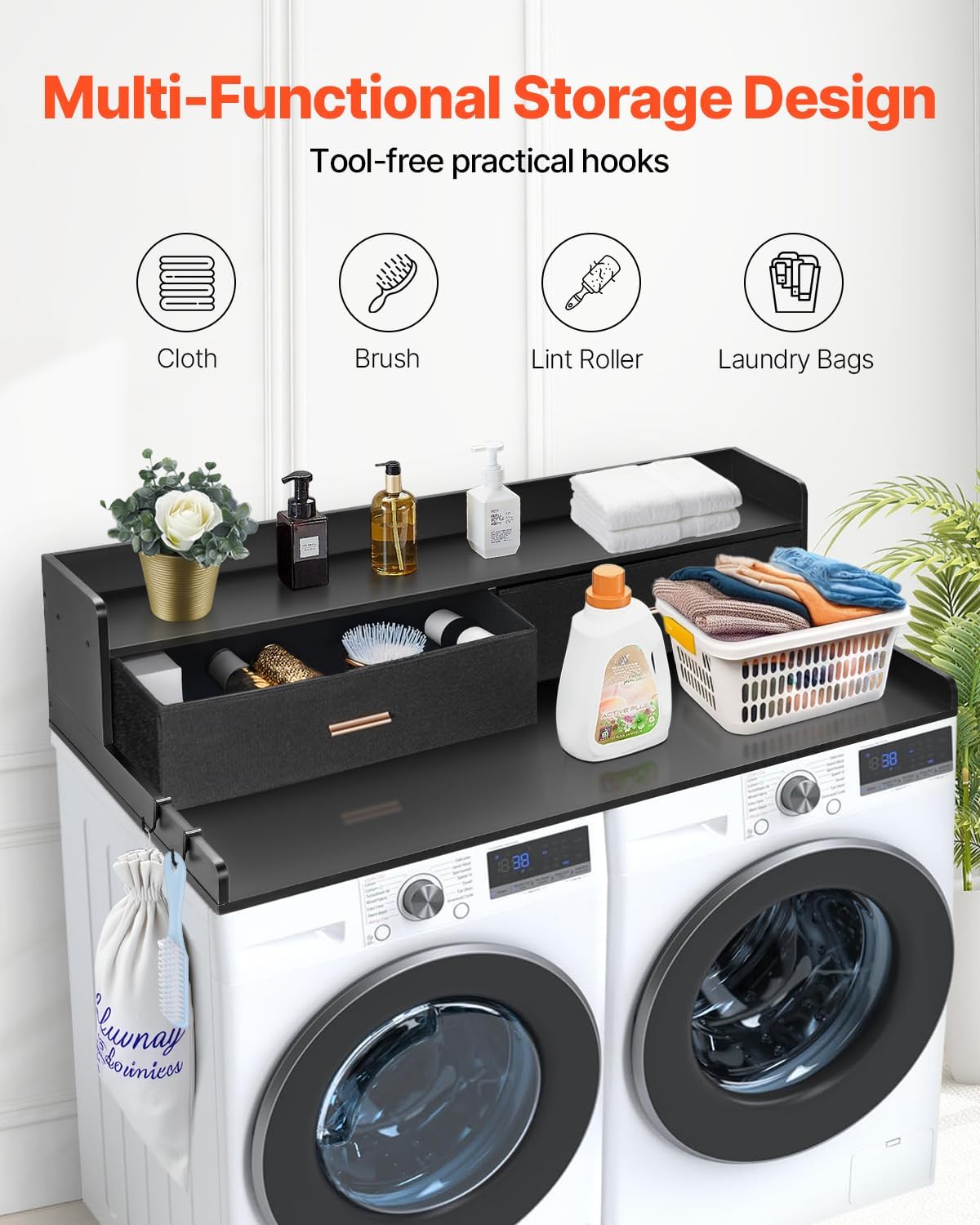 VEVOR 2 Drawers Washer Dryer Countertop with Shelf, 54' x 27' Wooden Laundry Countertop with 2 Hooks & Non-Slip Pads, Washer and Dryer Covers for The Top, Laundry Room Organization and Storage, Black