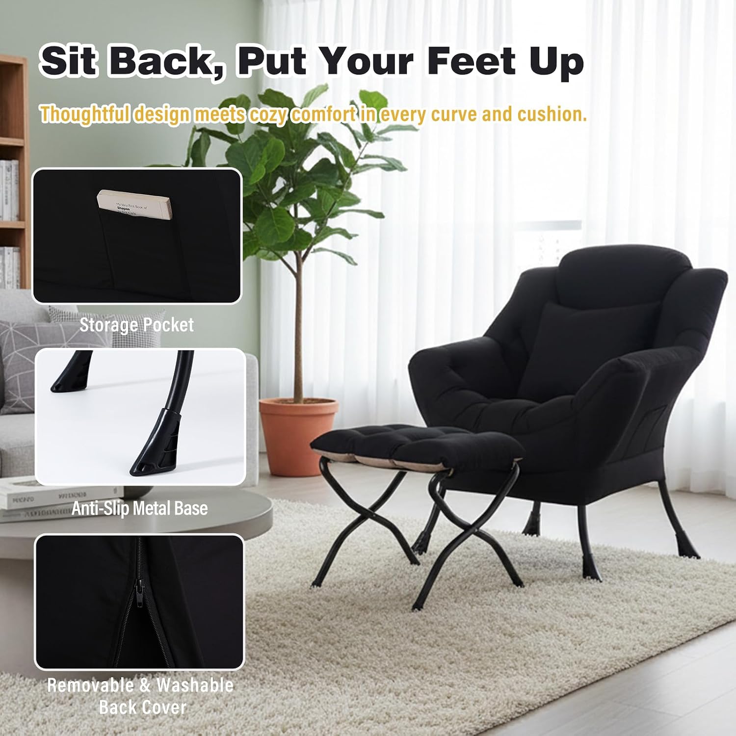 Lazy Chair with Ottoman, Large Accent Chair with Ottoman and a Throw Pillow, Black Reading Chair for Living Room Bedroom Dorm Room Office Apartment Relaxing Use