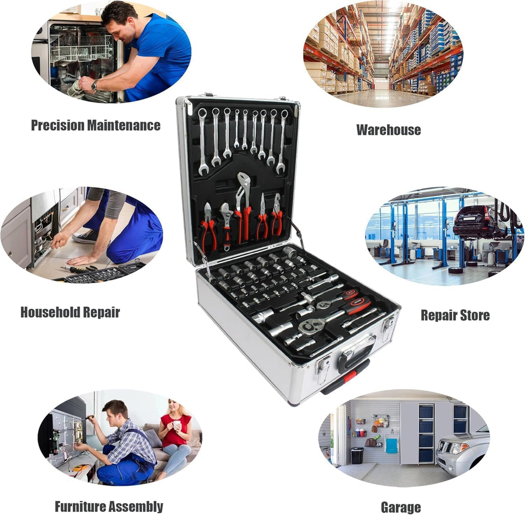 899PCS Tool Set, Household Tool Kit with Rolling Tool Box, Complete Tool Box Set Hand Tool Set with Tool Box, Mechanic Tool Set Rolling Tool Set for Auto Repair/Home Tool Set (White)