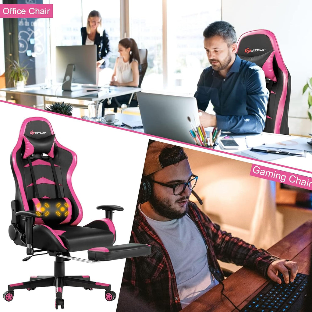 GORELAX Massage Gaming Chair, Reclining Computer Chair w/Lumbar Support, Adjustable Arms, Footrest, High Back Racing Style Ergonomic Home Office Chair for Heavy People (Pink)