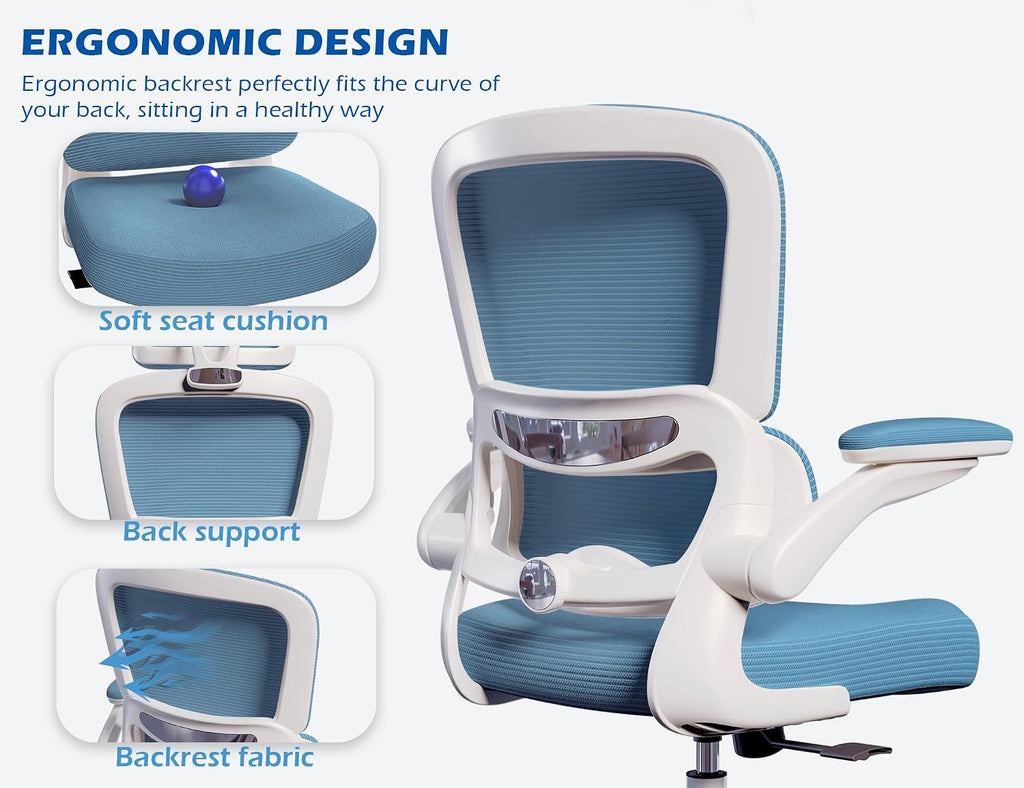 TRALT Ergonomic Office Chair - Desk Chair with Adjustable Lumbar Support Computer Chair - Mesh Comfy Chair with Flip-up Armrests - Gaming Chairs for Adults Home Office (PU Leather, Sky Blue)