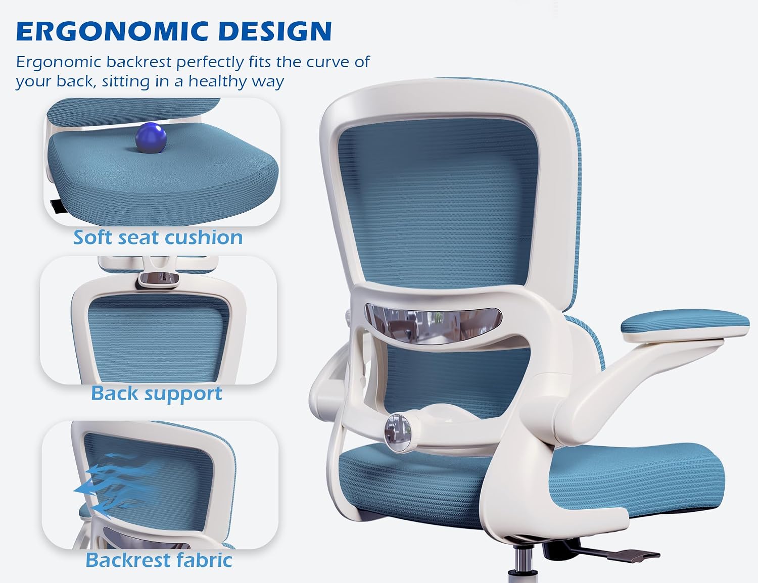 TRALT Ergonomic Office Chair - Desk Chair with Adjustable Lumbar Support Computer Chair - Mesh Comfy Chair with Flip-up Armrests - Gaming Chairs for Adults Home Office (PU Leather, Sky Blue)