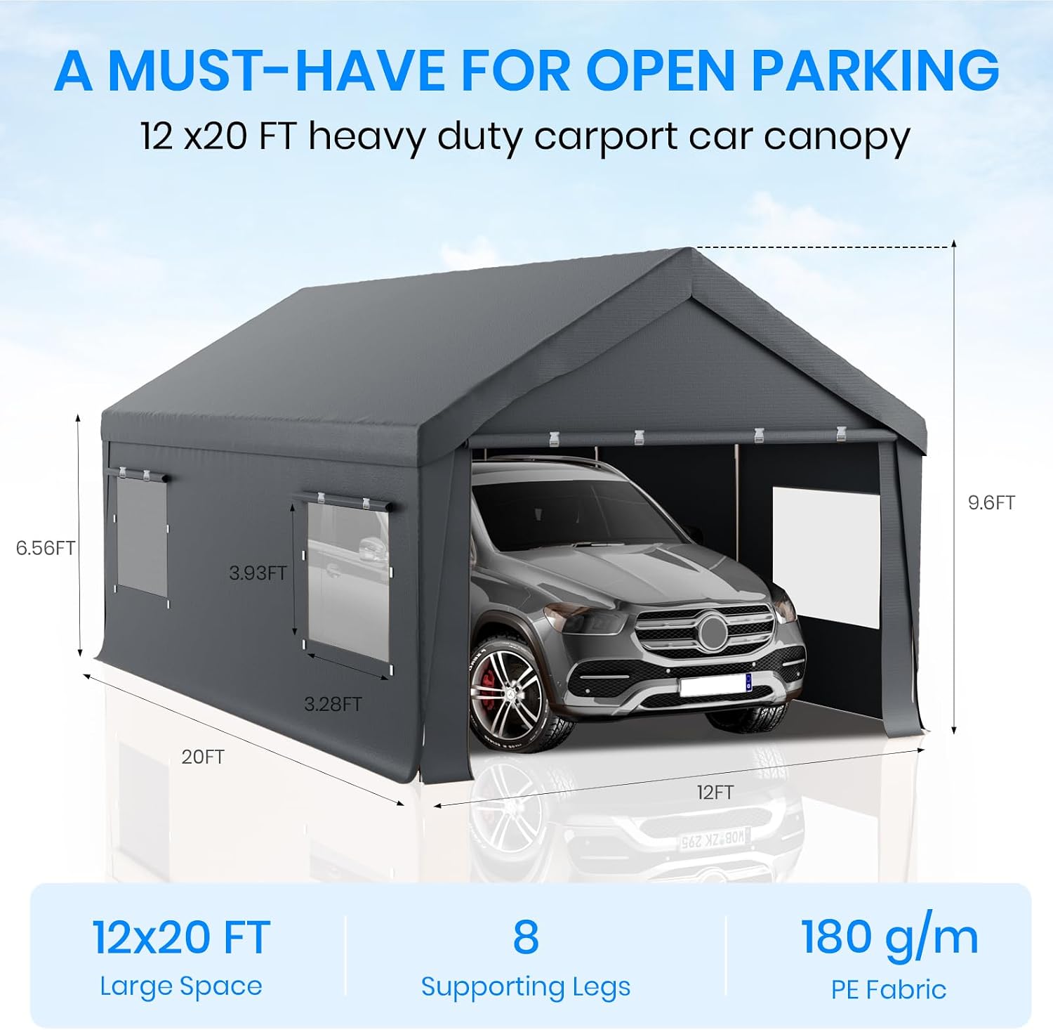 Bezseller 12x20 FT Heavy Duty Carport Canopy with Roll-Up Windows & Doors, Car Tent Portable Garage with All-Season Tarp for Cars, Boat, Trucks, Gray