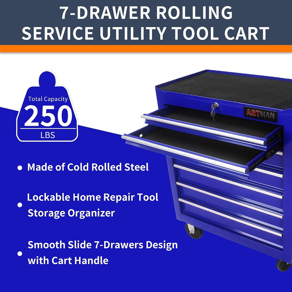 Larmliss 7-Drawer Rolling Tool Cart, Lockable Home Repair Tool Storage Organizer, Tool Box on Wheels,Tool Chest Cabinet for Mechanic, Garage